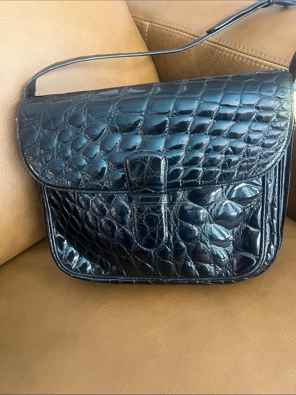 Women's Black Genuine  alligator Leather Shoulder Bag NOT EMBOSSED LEATHER